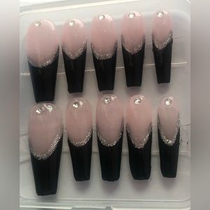 Coffin black french tip rhinestone press on nails with kit